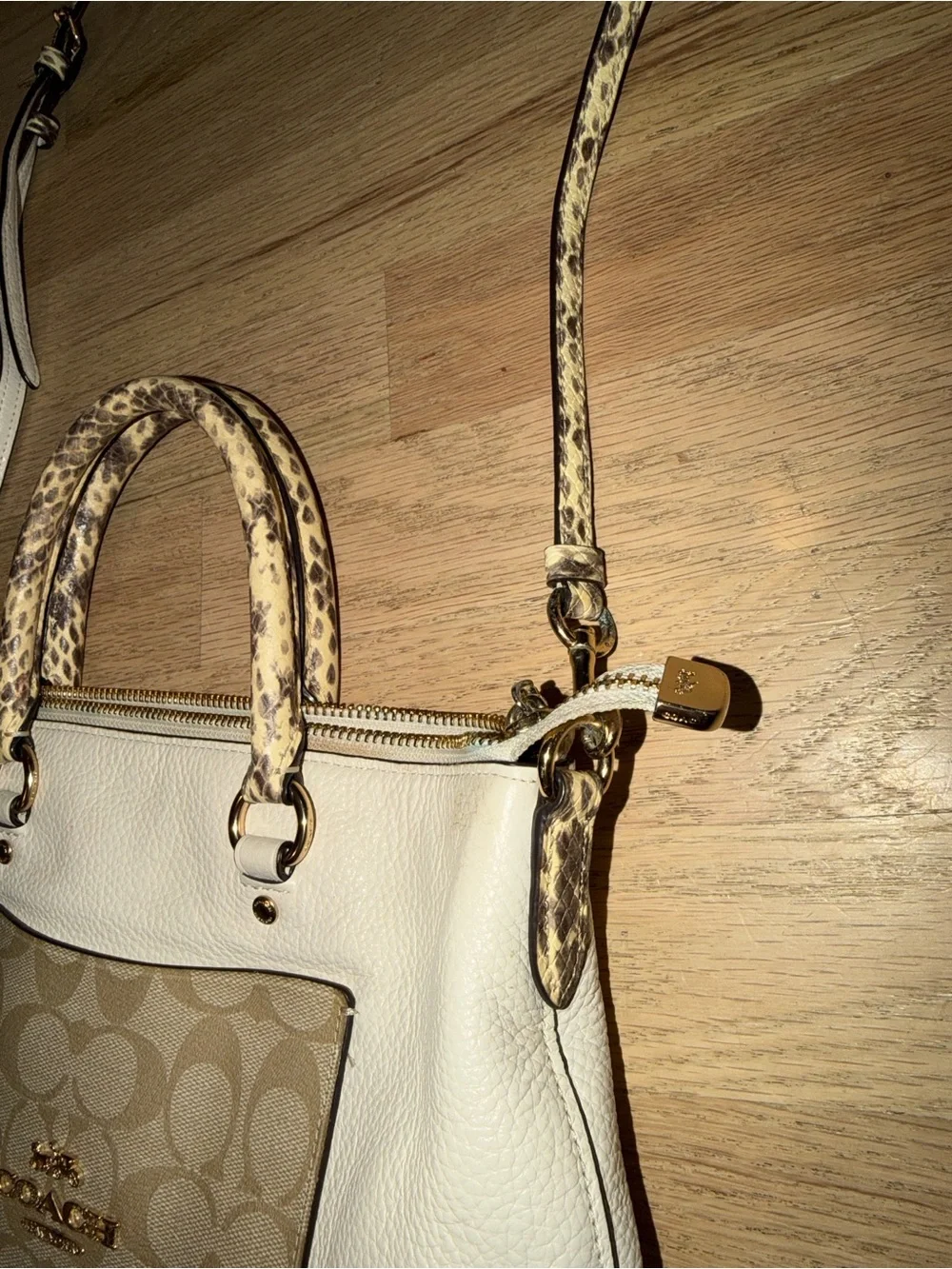 Coach Cream Leather Crossbody Satchel with Signature Canvas Pocket